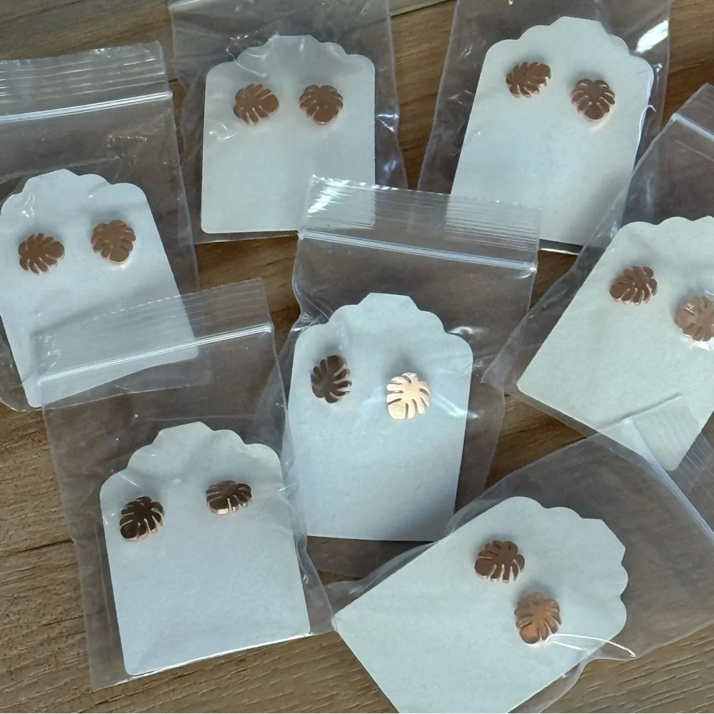 7 Pair of Tropical Leaf Monstera Earrings Bridesmaid Gift Rose Gold Studs